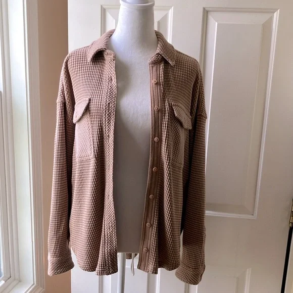 Aerie Women’s Textured Waffle Shirt Long Sleeve Brown & Cream Size Oversized XXS - Picture 3 of 16